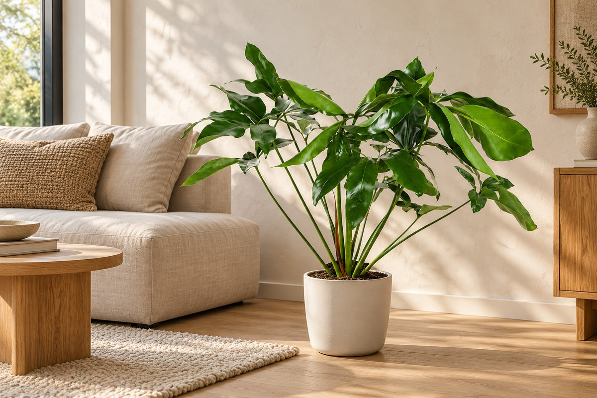 Philodendron 'Green Wonder', 100 cm, in a white ceramic planter in un soggiorno luminoso
