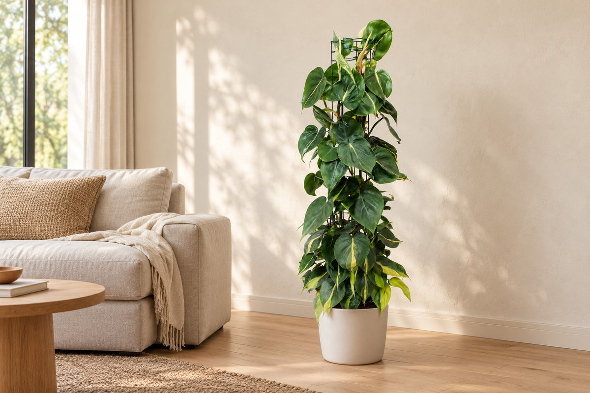 Philodendron hederaceum 'Brasil', 120 cm, in a white ceramic planter in un soggiorno luminoso