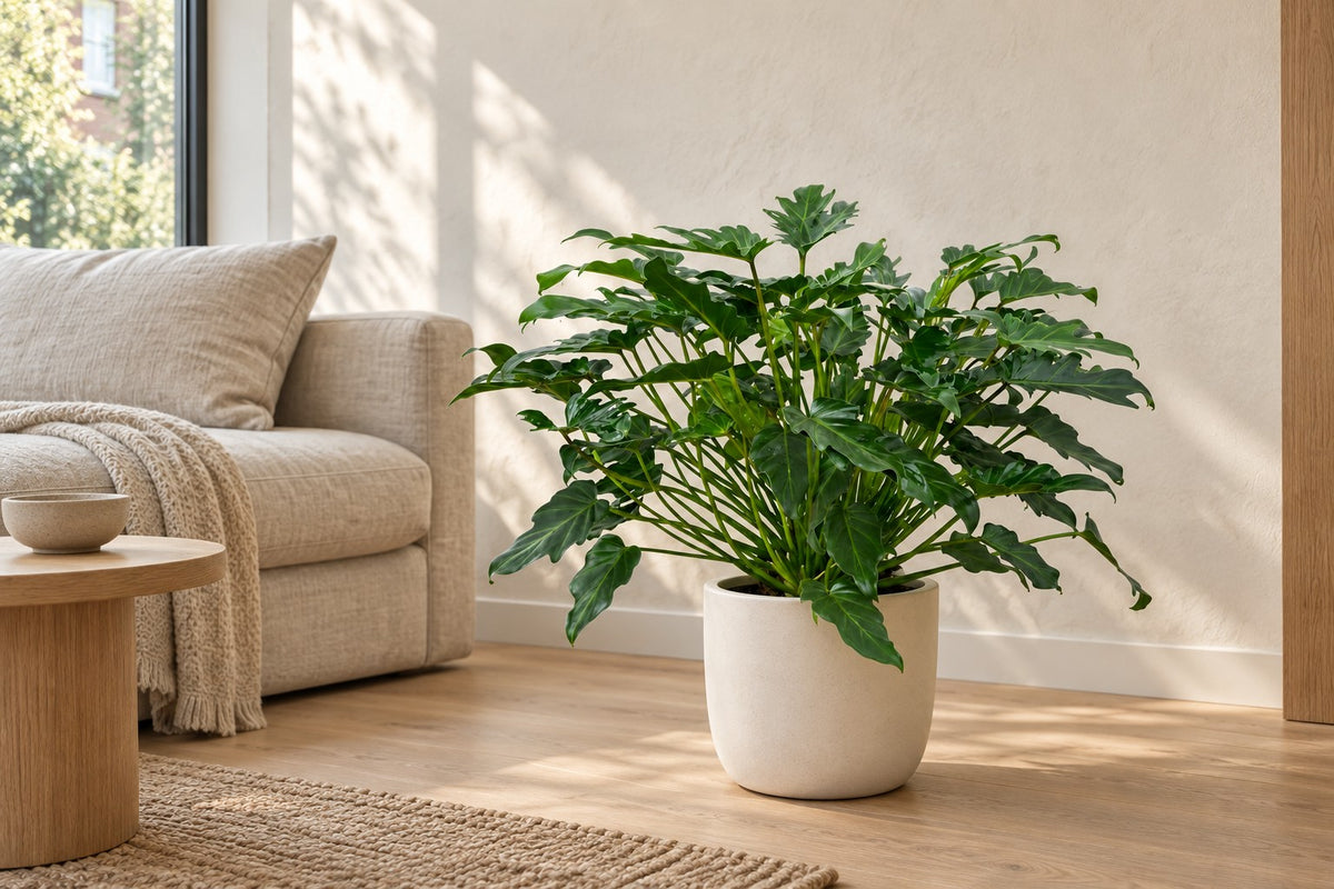 Philodendron Xanadu, 70 cm, i a white ceramic planter i en lys stue