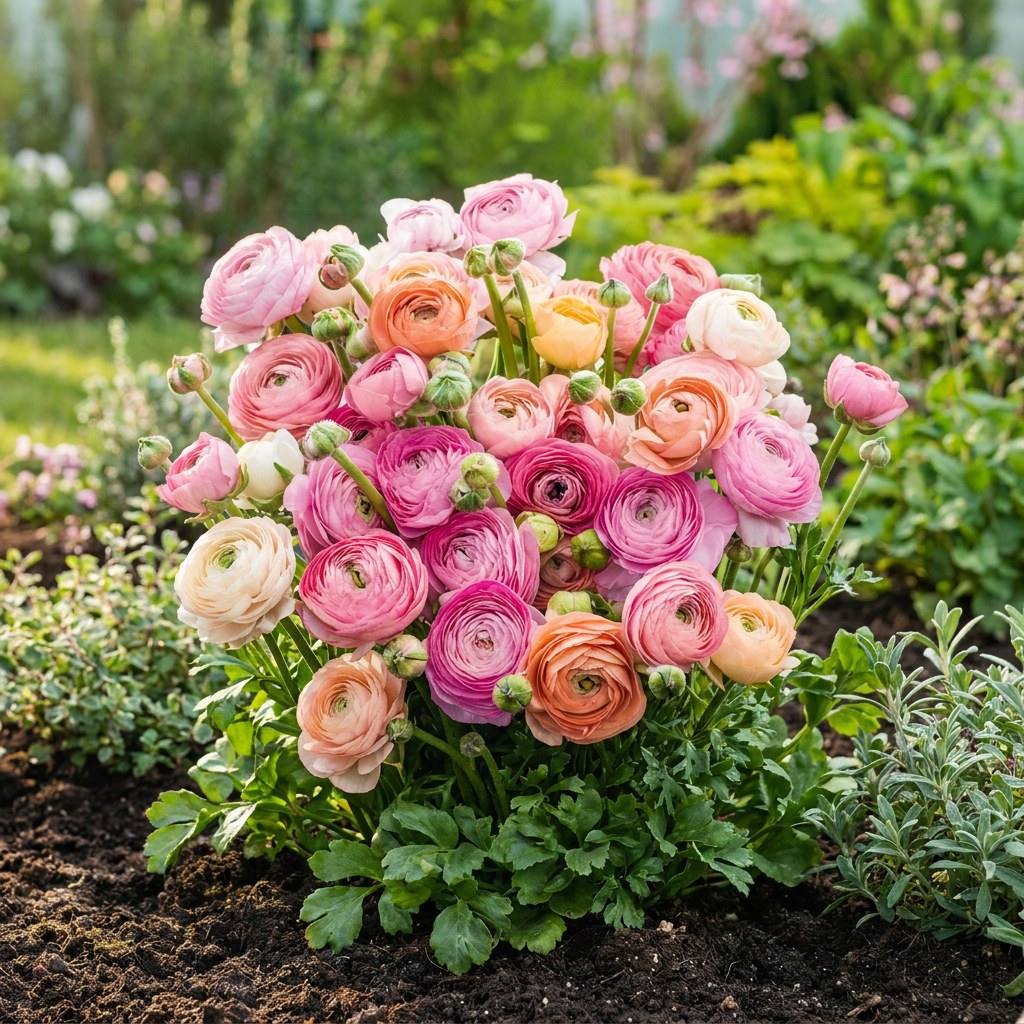 Ranonkel Pastel mix in bloei in de tuin