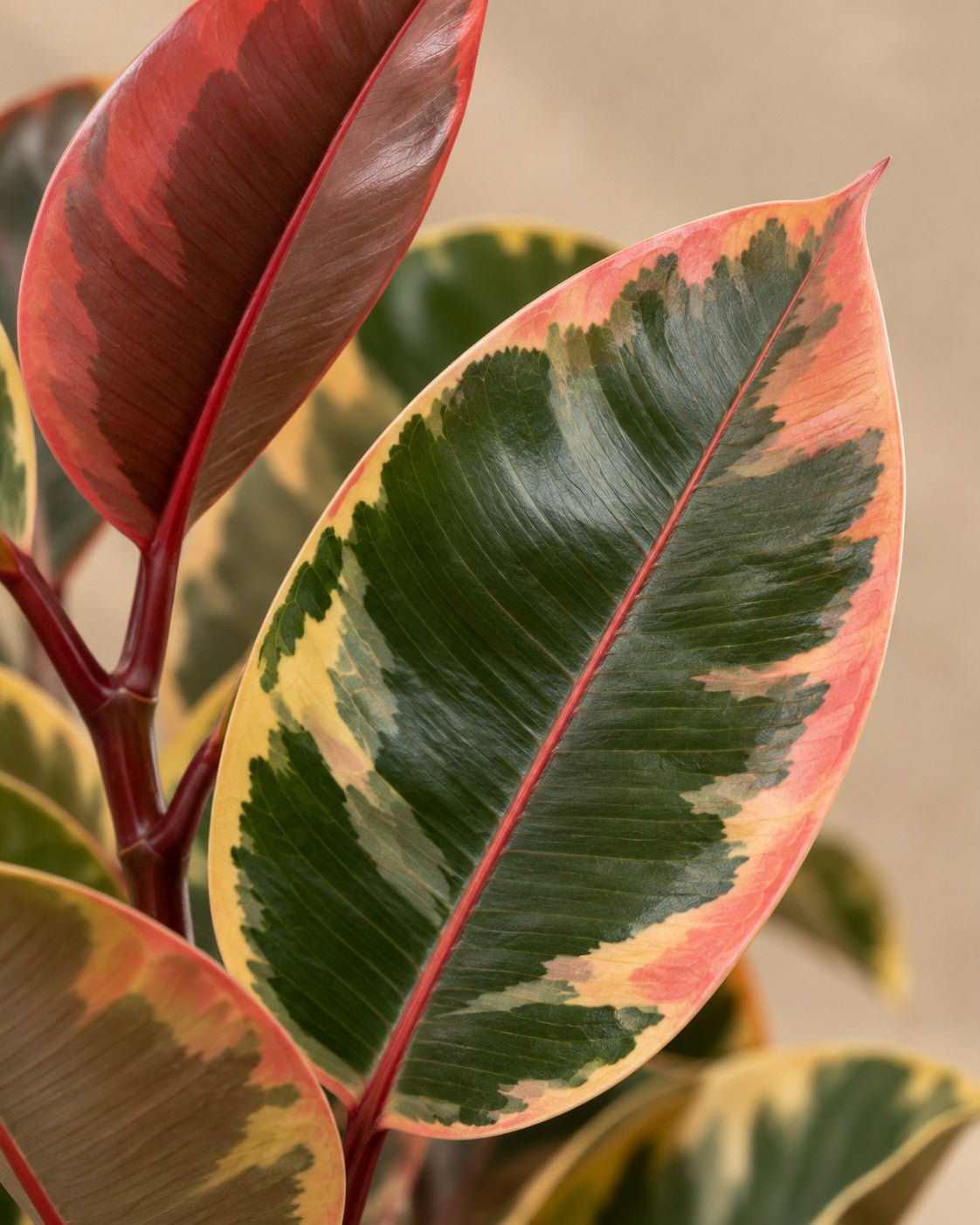 Närbild på bladen hos Gummiträd Belize på stam (Ficus elastica 'Belize')