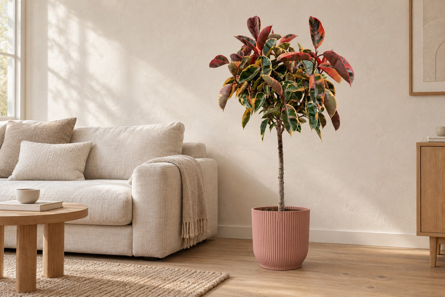 Rubberboom Belize op stam (Ficus elastica) 130 cm hoog, pot ø23 cm