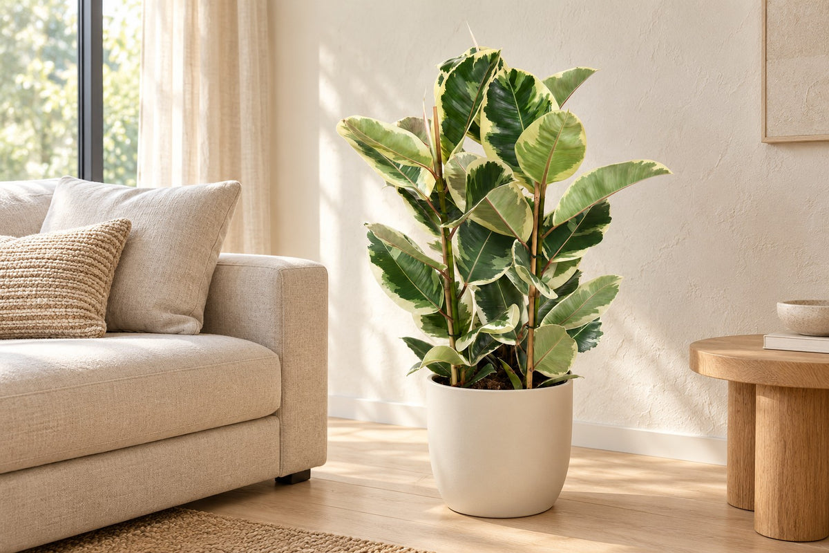 Albero della gomma, 100 cm, in a white ceramic planter in un soggiorno luminoso