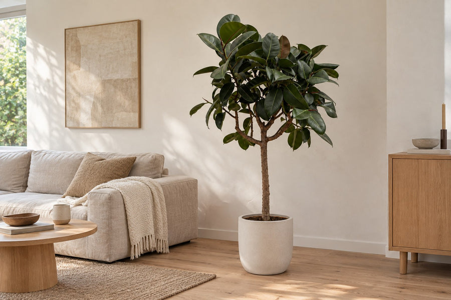 Rubberboom op stam (Ficus elastica Robusta) 170 cm hoog, pot ø40 cm