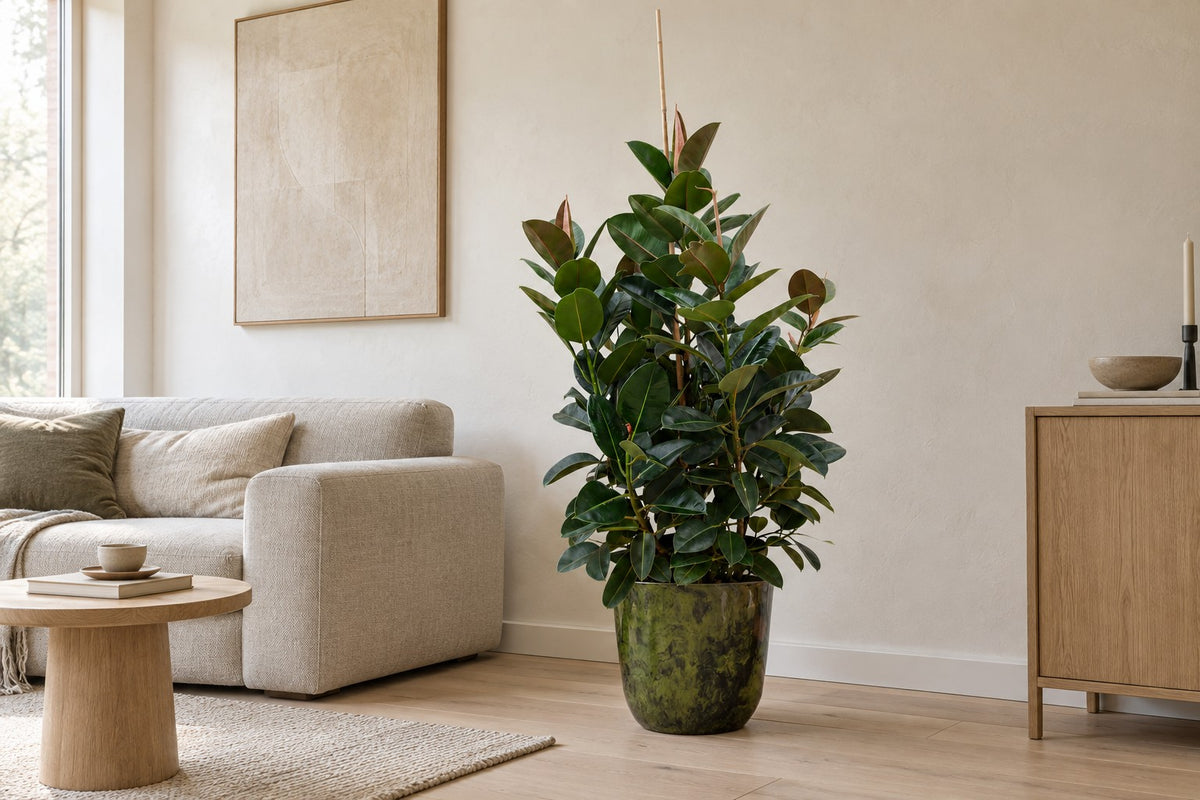 Rubberboom vertakt van 150 cm in sierpot Palermo marble groen in een lichte woonkamer