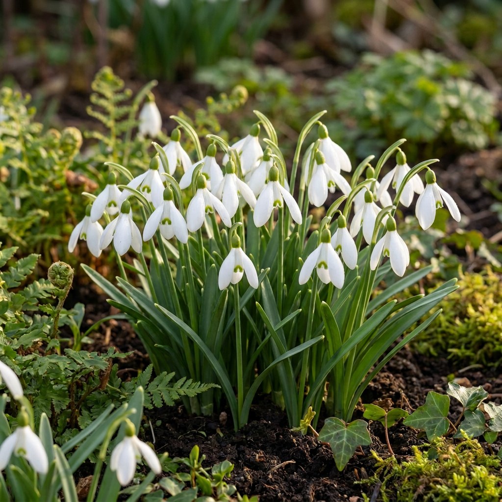 Bulbes de perce-neige Elwesii en fleurs au jardin