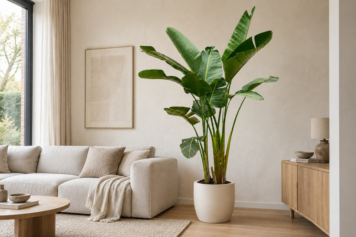 Strelitzia augusta XXL, 250 cm, in a white ceramic planter in a bright living room
