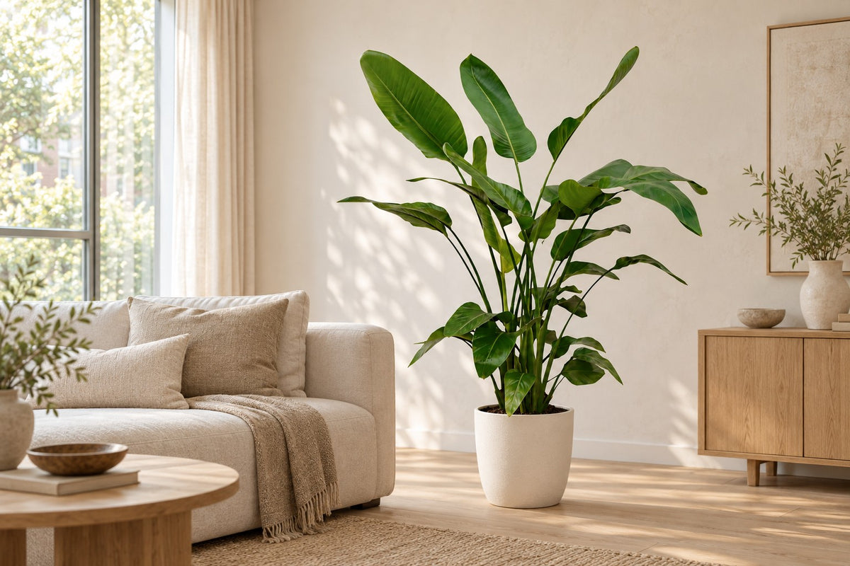 Strelitzia nicolai, 150 cm, en a white ceramic planter en un salón luminoso