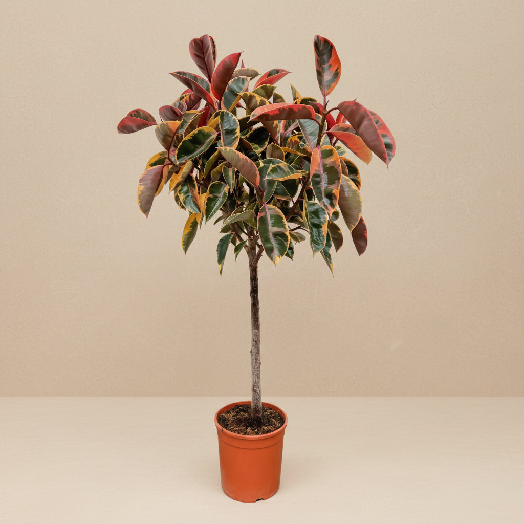 Rubberboom Belize op stam (Ficus elastica) 130 cm hoog, pot ø23 cm