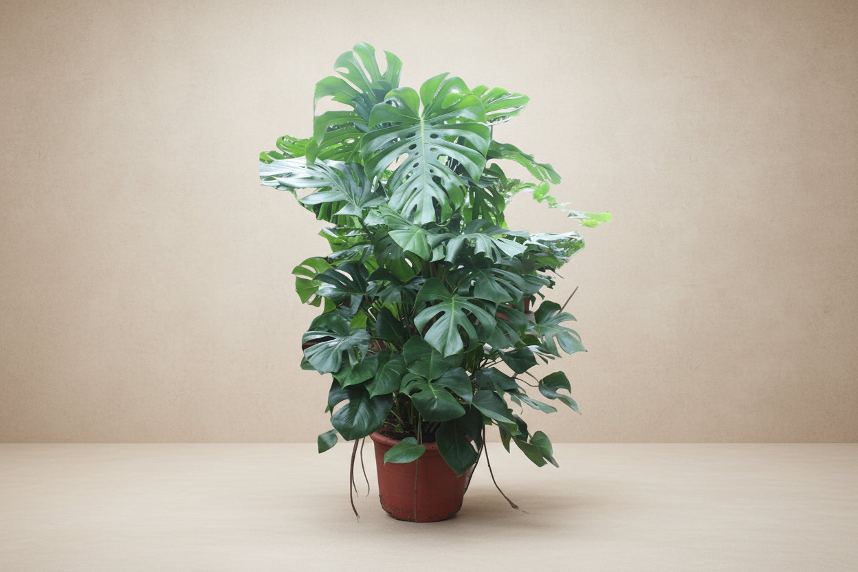 Monstera Deliciosa plant with large, distinctive leaves in a pot.