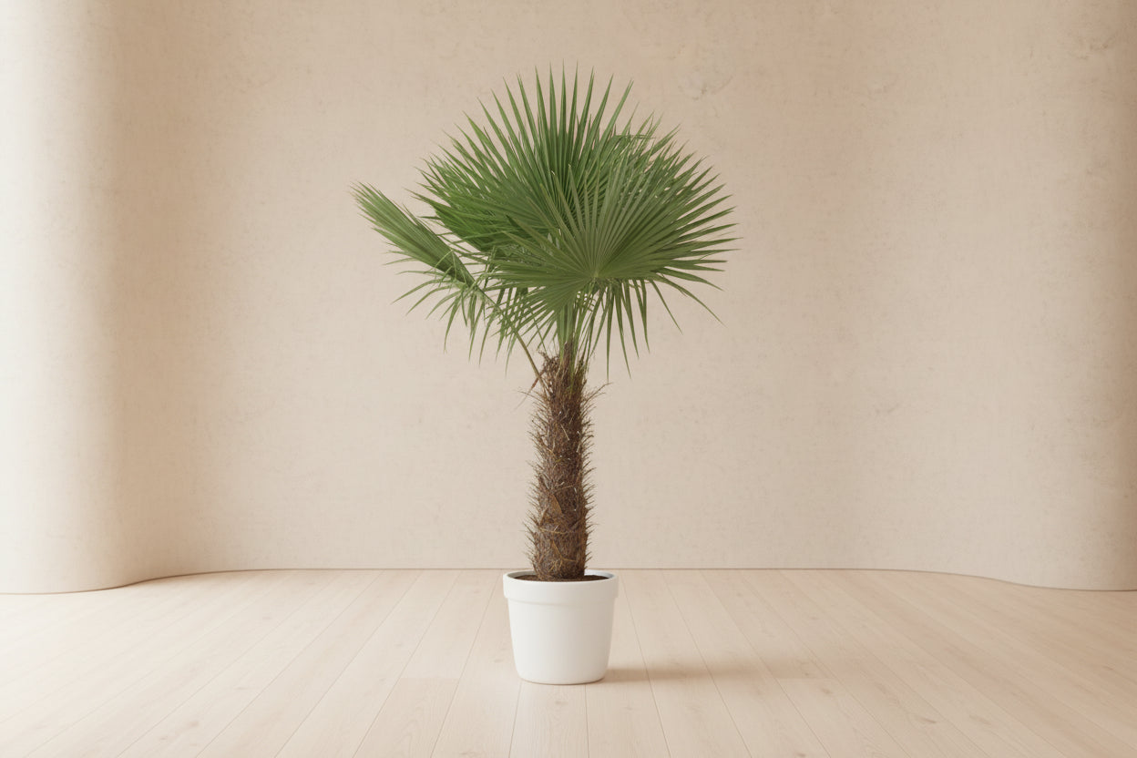 Trachycarpus Fortunei palm tree in pot with fan-shaped leaves.