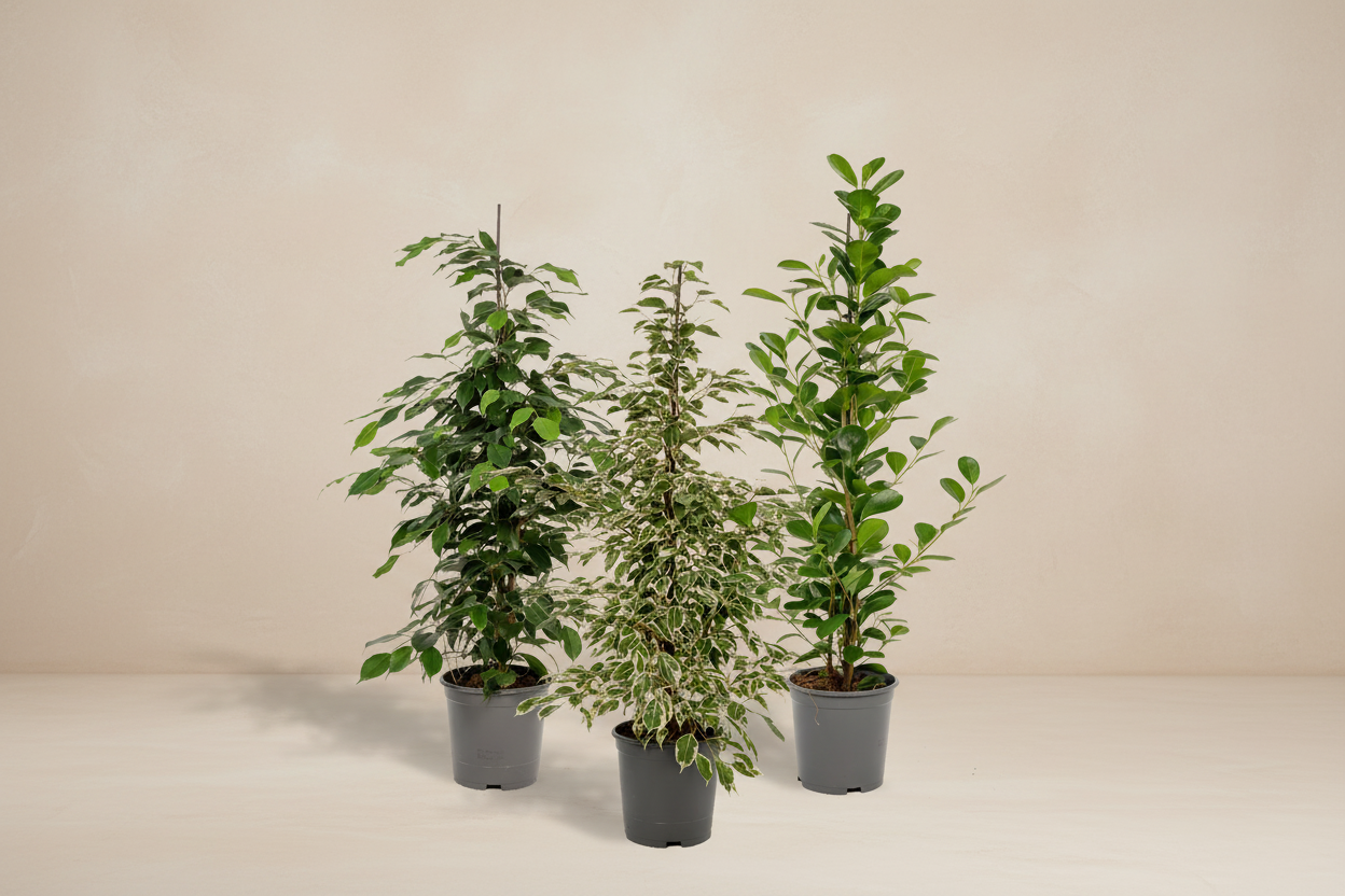 Ficus Benjamina Danielle - Ø21cm - ↕95cm + Ficus Benjamina Twilight - Ø21cm - ↕95cm + Ficus Microcarpa Moclame - Ø21cm - ↕95cm