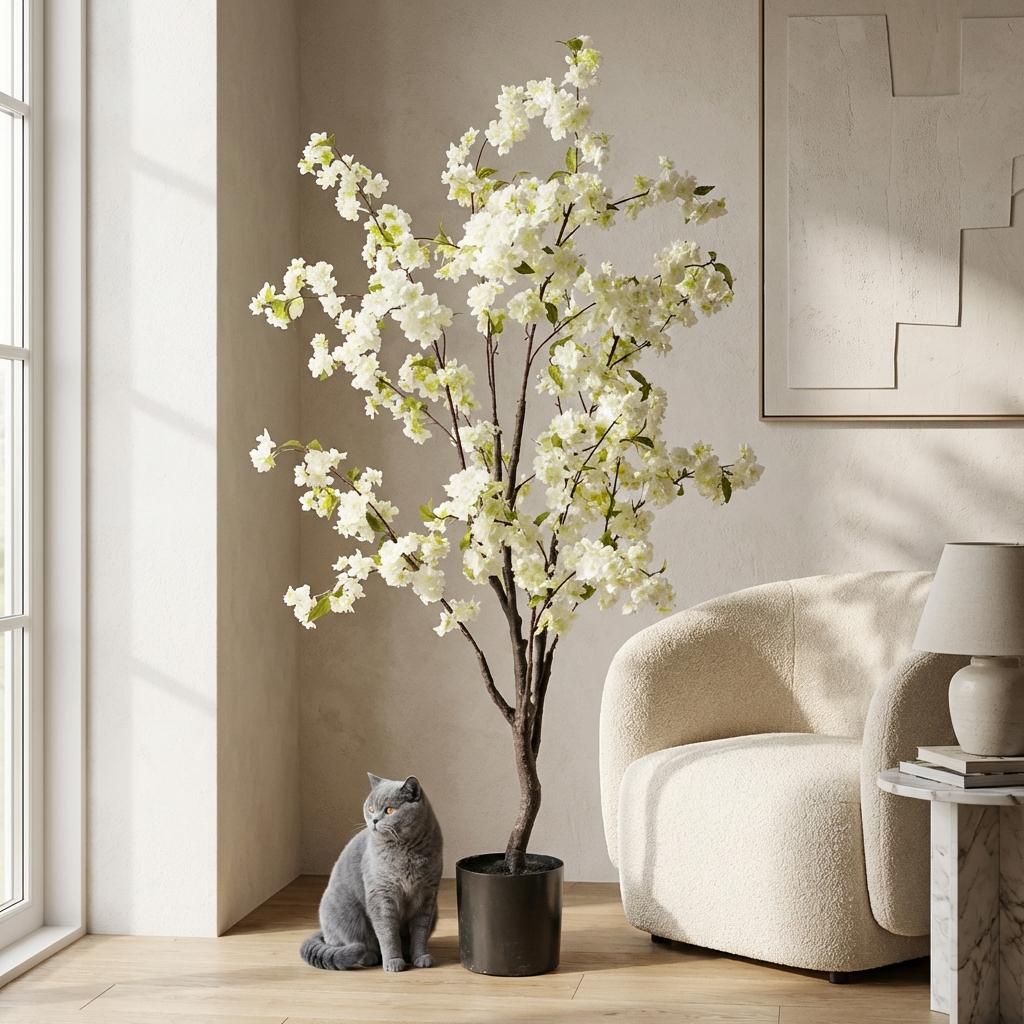 Witte kunstplant Kersenbloesem 135 cm voor onderhoudsvrij interieurdecoratie
