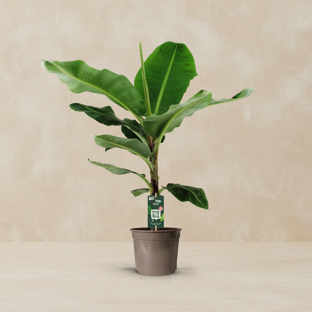 Bananenplant (Musa) met grote groene bladeren van 150 cm in pot van Ø34 cm, geschikt voor lichte warme plekken