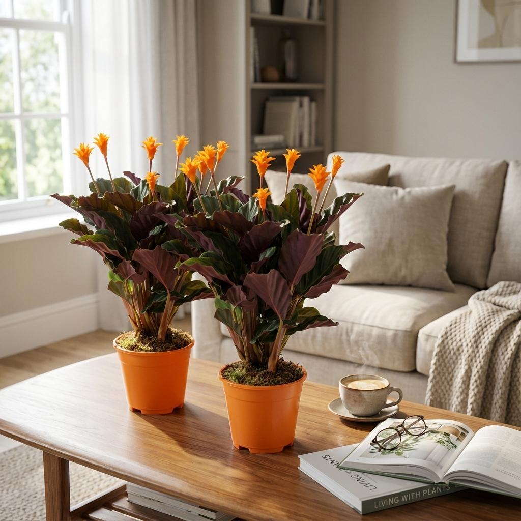 Calathea crocata (pauwplant) 45 cm hoog, pot ø14 cm, set van 2