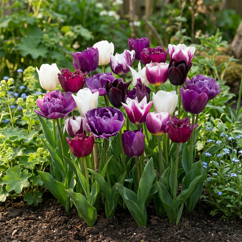 Tulpen Blueberry mix in bloei in de tuin
