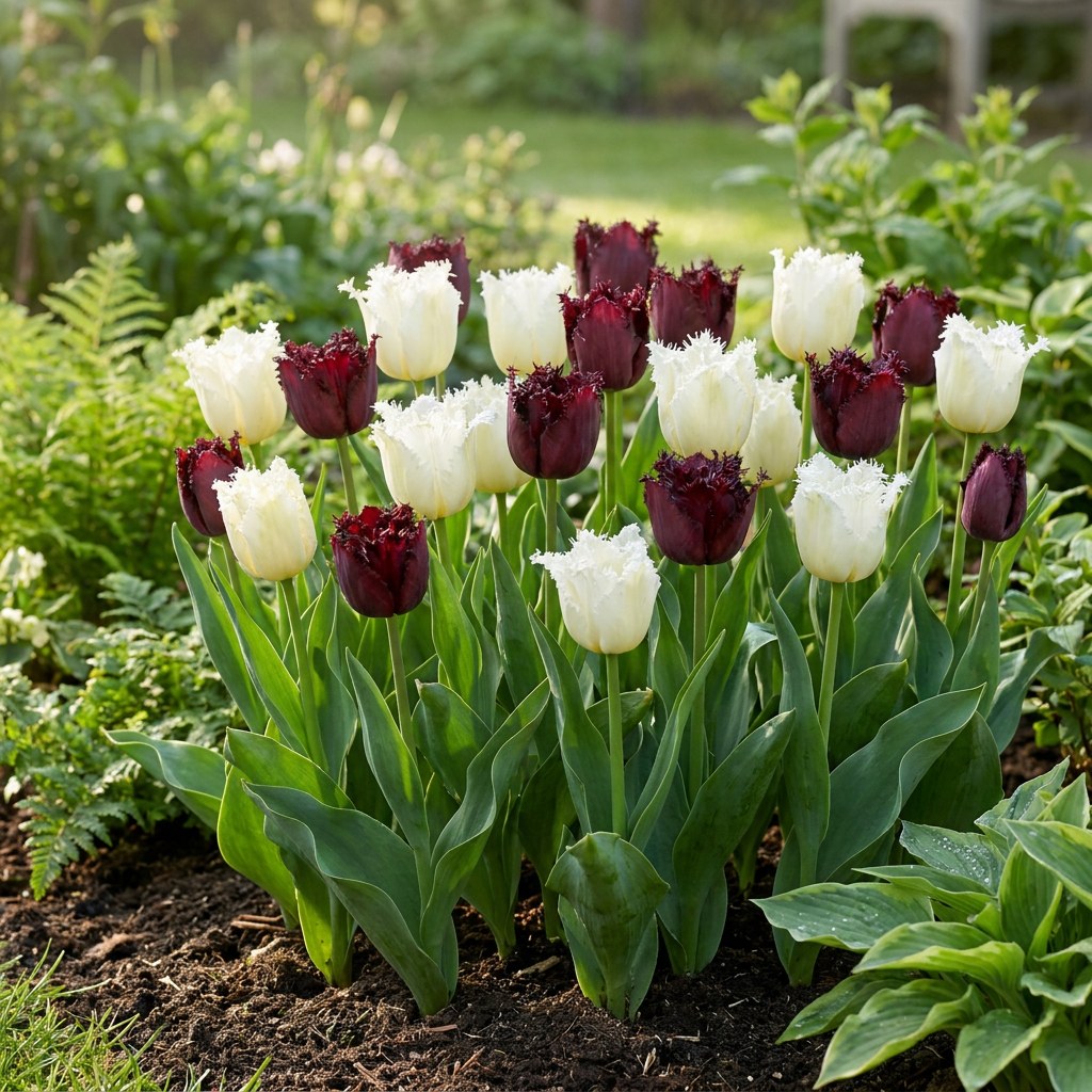 Tulpen Breakdance mix in bloei in de tuin