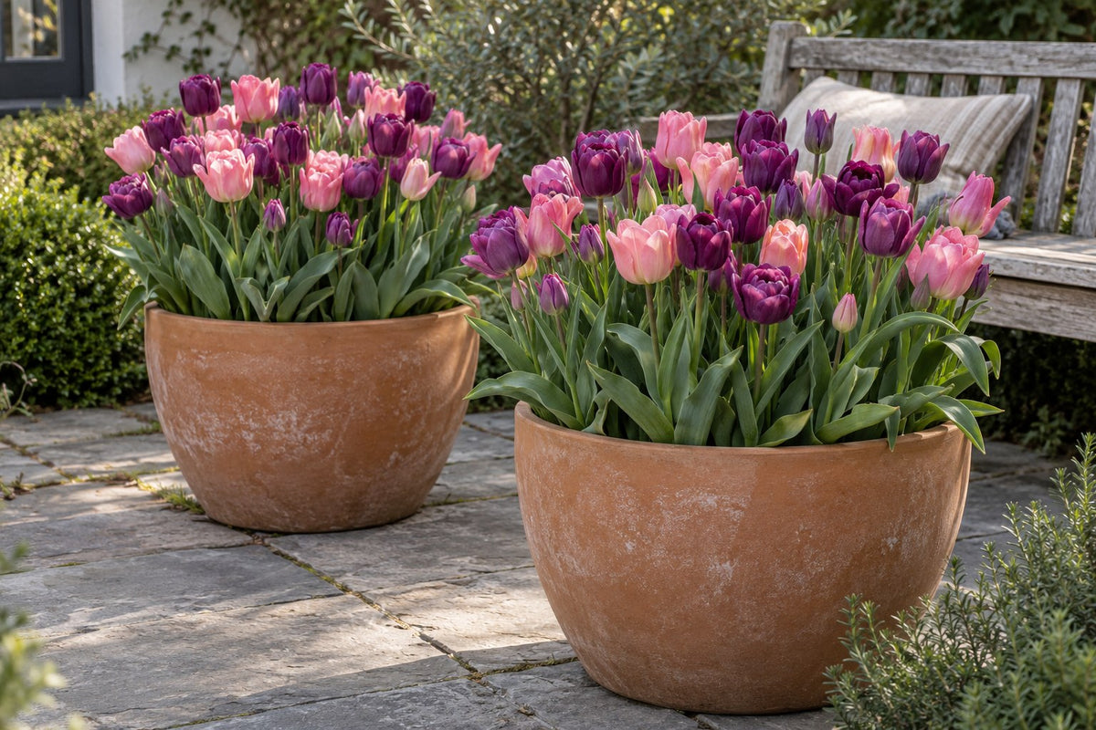 Tulip Bulbs Candy Purple Prince Mix in flower in pots on a patio