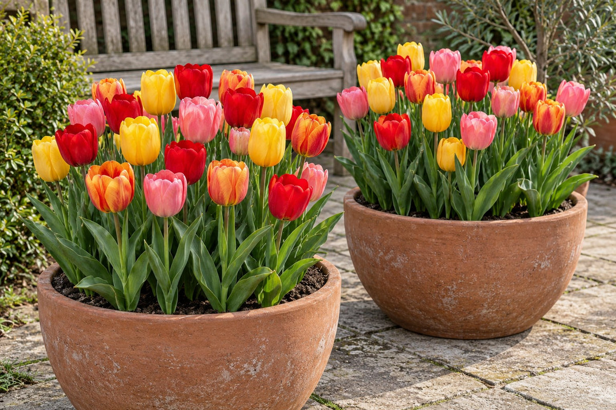 Tulpen Darwin Hybride mix in bloei in potten op een terras
