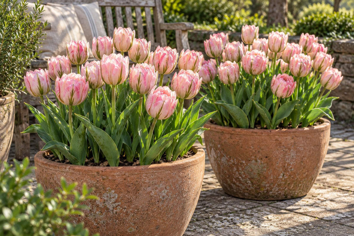 Tulpen Double Pink in bloei in potten op een terras