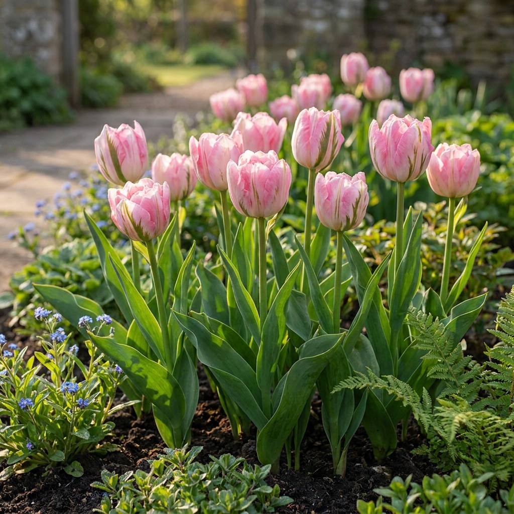 Tulpen Double Pink in bloei in de tuin