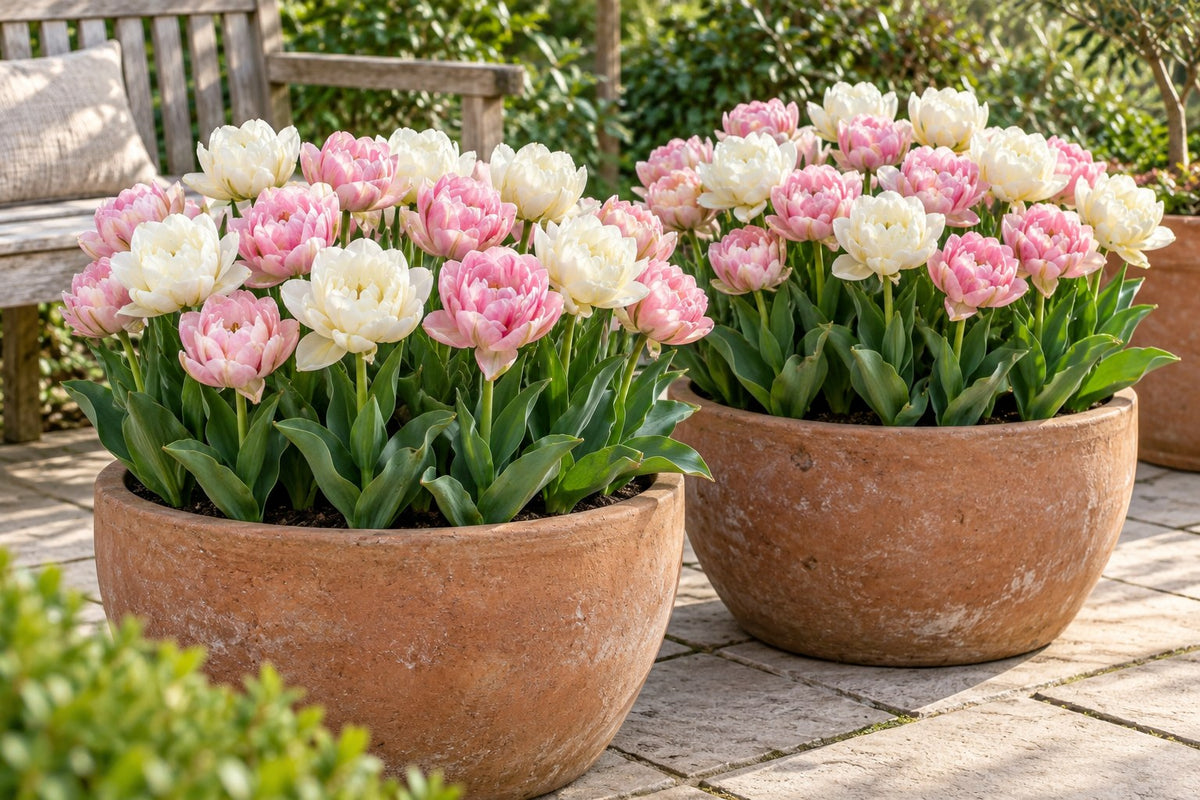Tulpen Double Sensation in bloei in potten op een terras