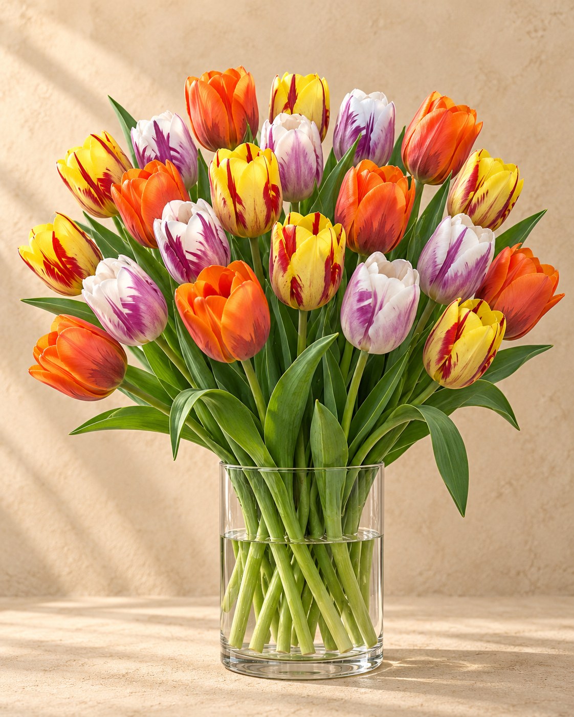 Cebulki tulipanów mix Flaming Beauty w rozkwicie w wazonie