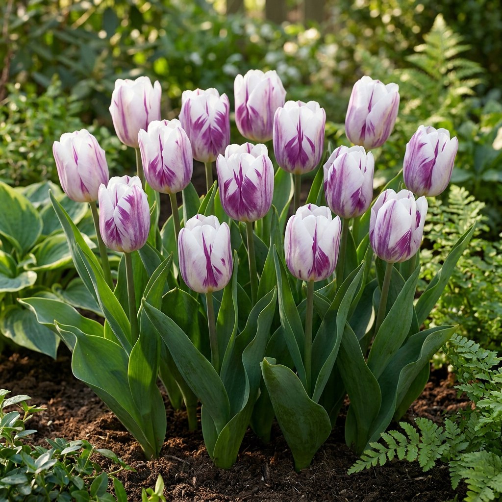 Tulip bulbs Flaming Flag in flower in the garden