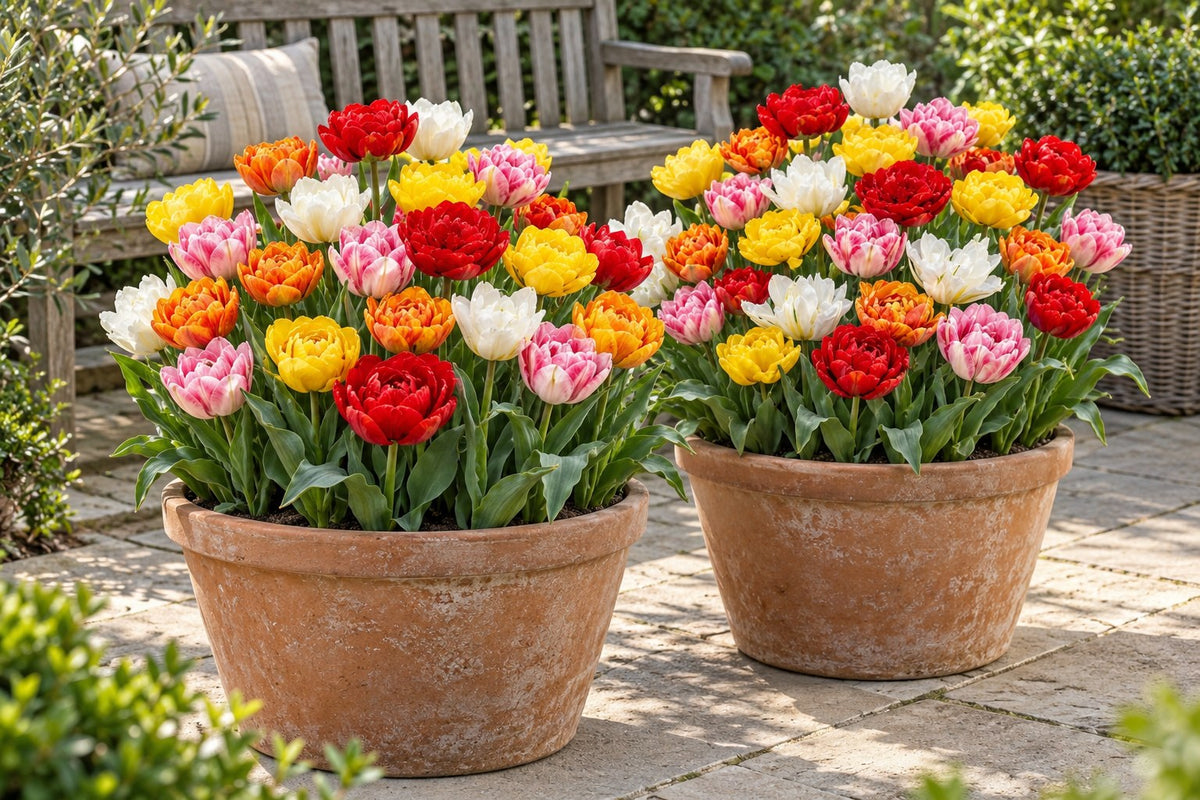 Tulpen Gevulde mix in bloei in potten op een terras