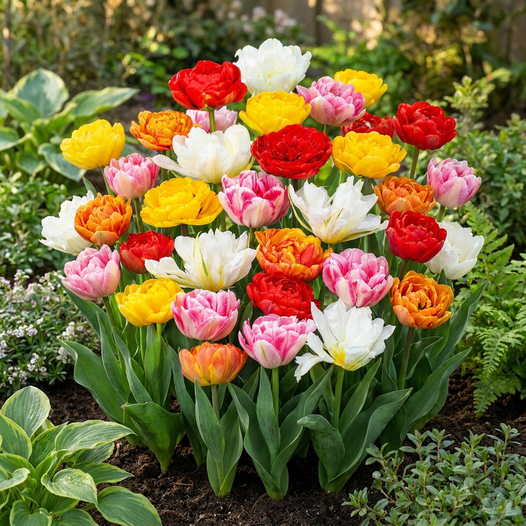 Tulpen Gevulde mix in bloei in de tuin