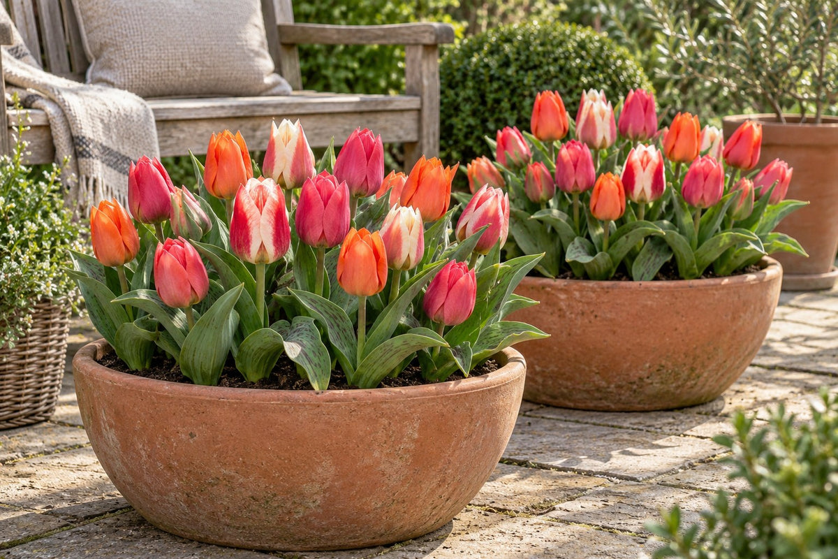 Tulpen Greigii mix in bloei in potten op een terras