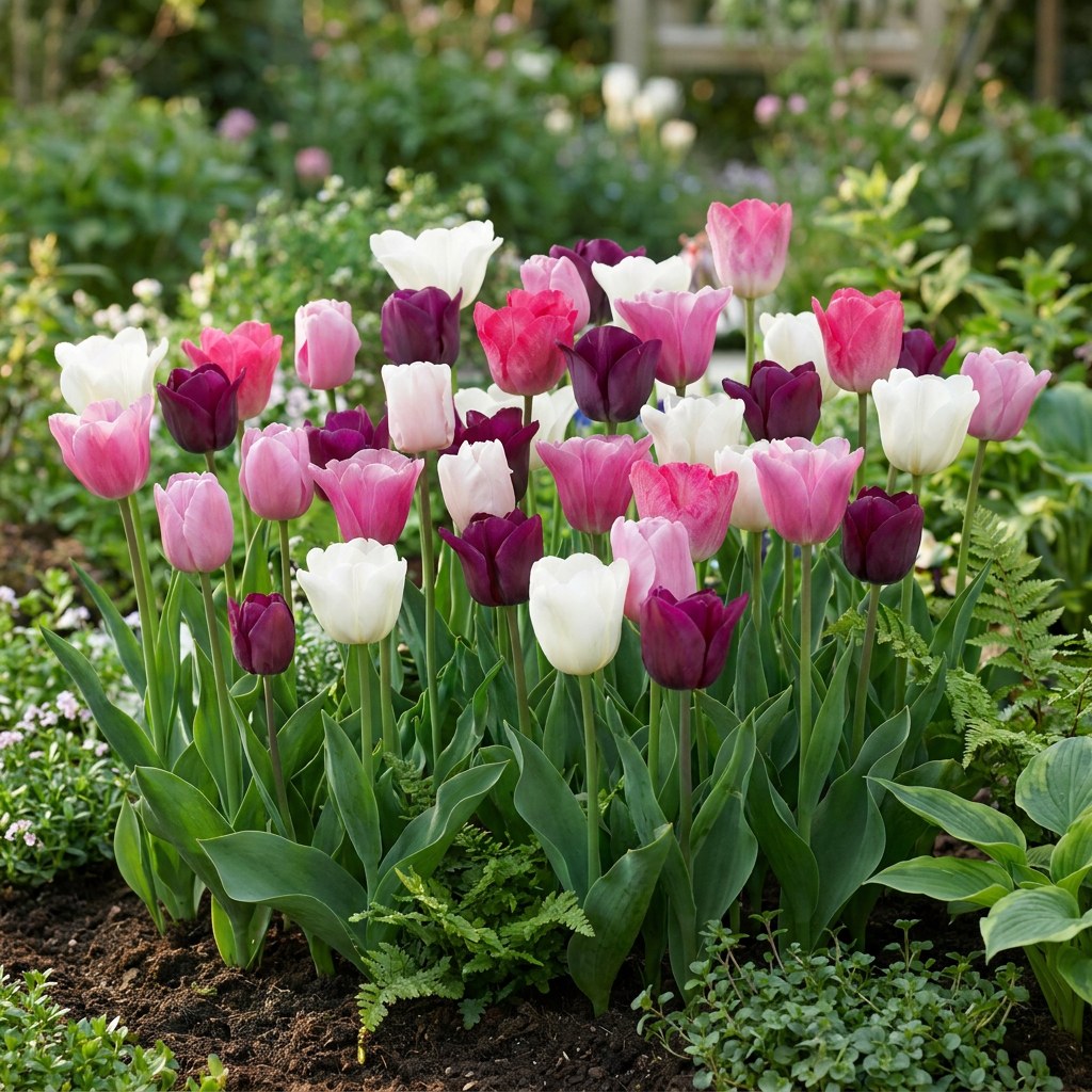 Bulbes de tulipes Pastel mix en fleurs au jardin