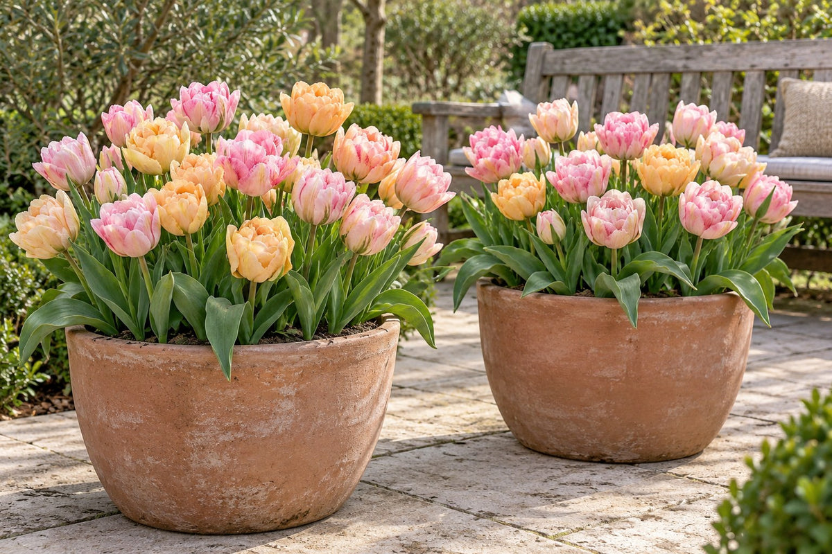Tulipanløg Peaches & Kisses i blomst i potter på en terrasse