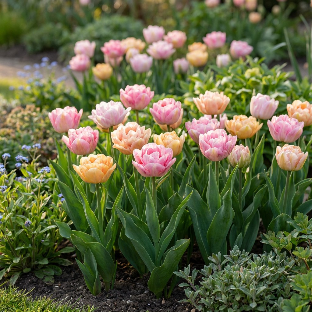 Tulip bulbs Peaches & Kisses in flower in the garden