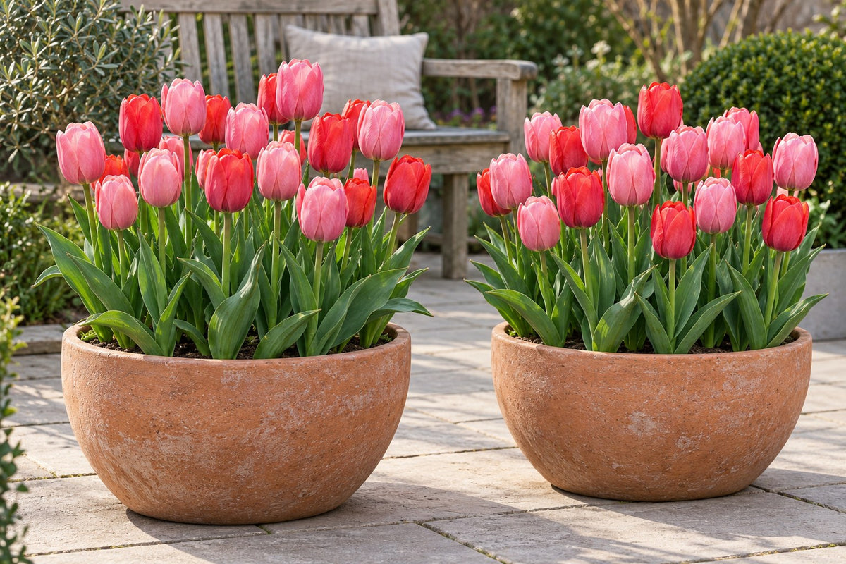 Tulpen Pink-Red in bloei in potten op een terras