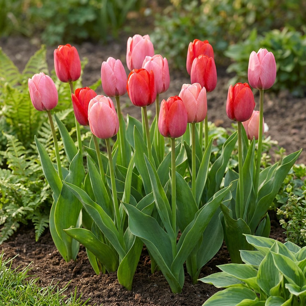 Tulpen Pink-Red in bloei in de tuin