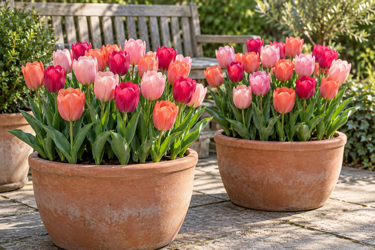 Tulpen Positive Vibe in bloei in potten op een terras