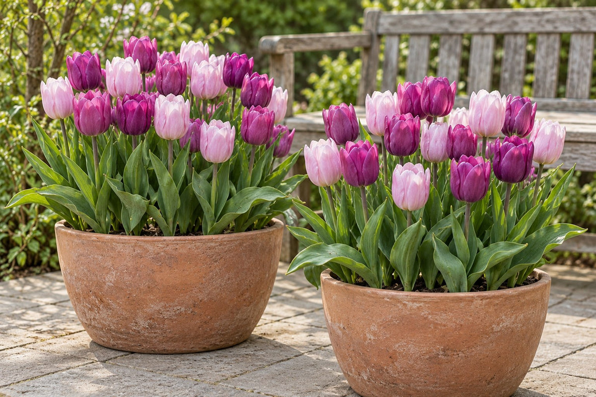 Bulbos de tulipán Prince mezcla en flor en macetas en una terraza