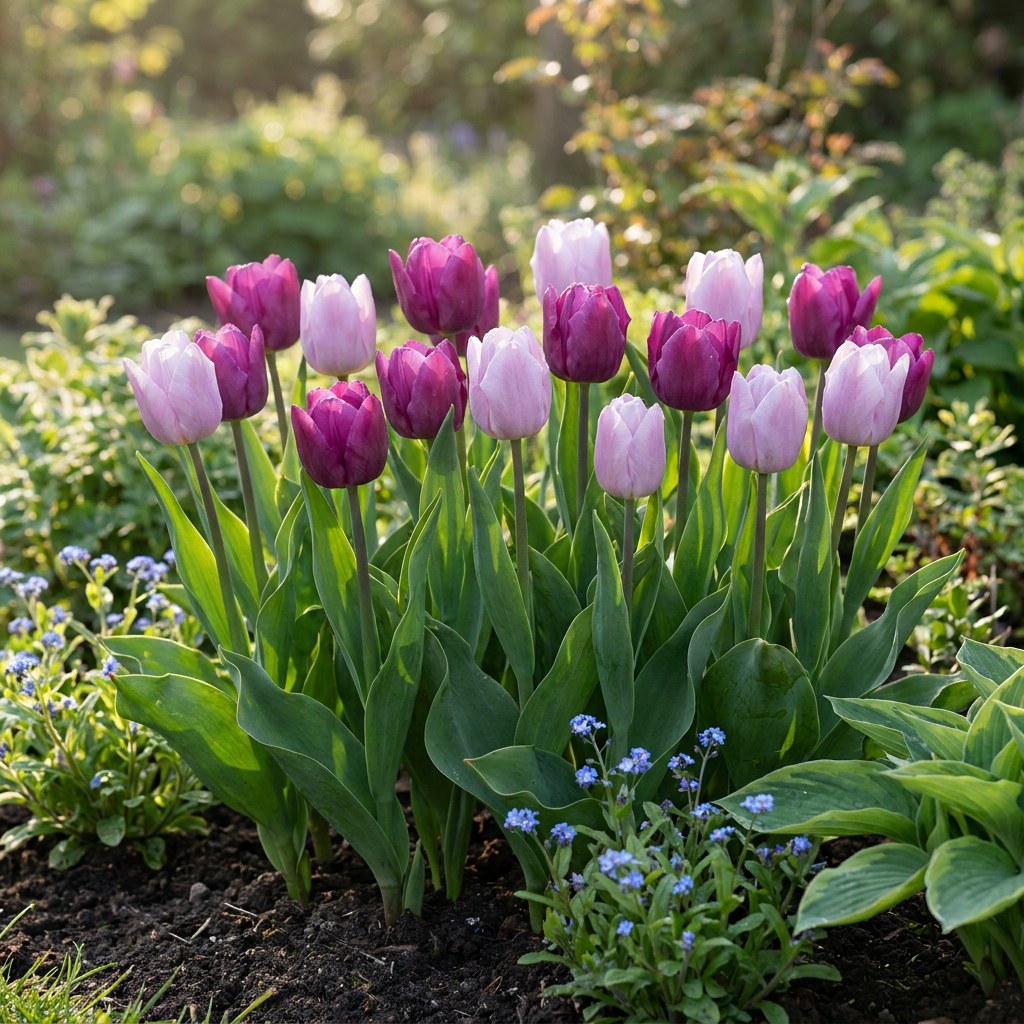 Tulip bulbs Prince mix in flower in the garden