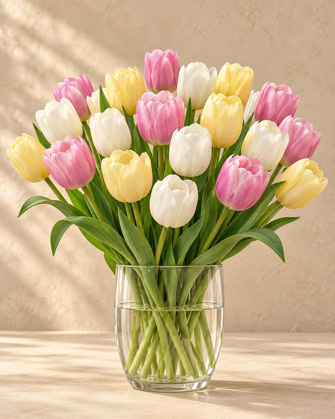Tulpen Sorbet mix in bloei in een glazen vaas