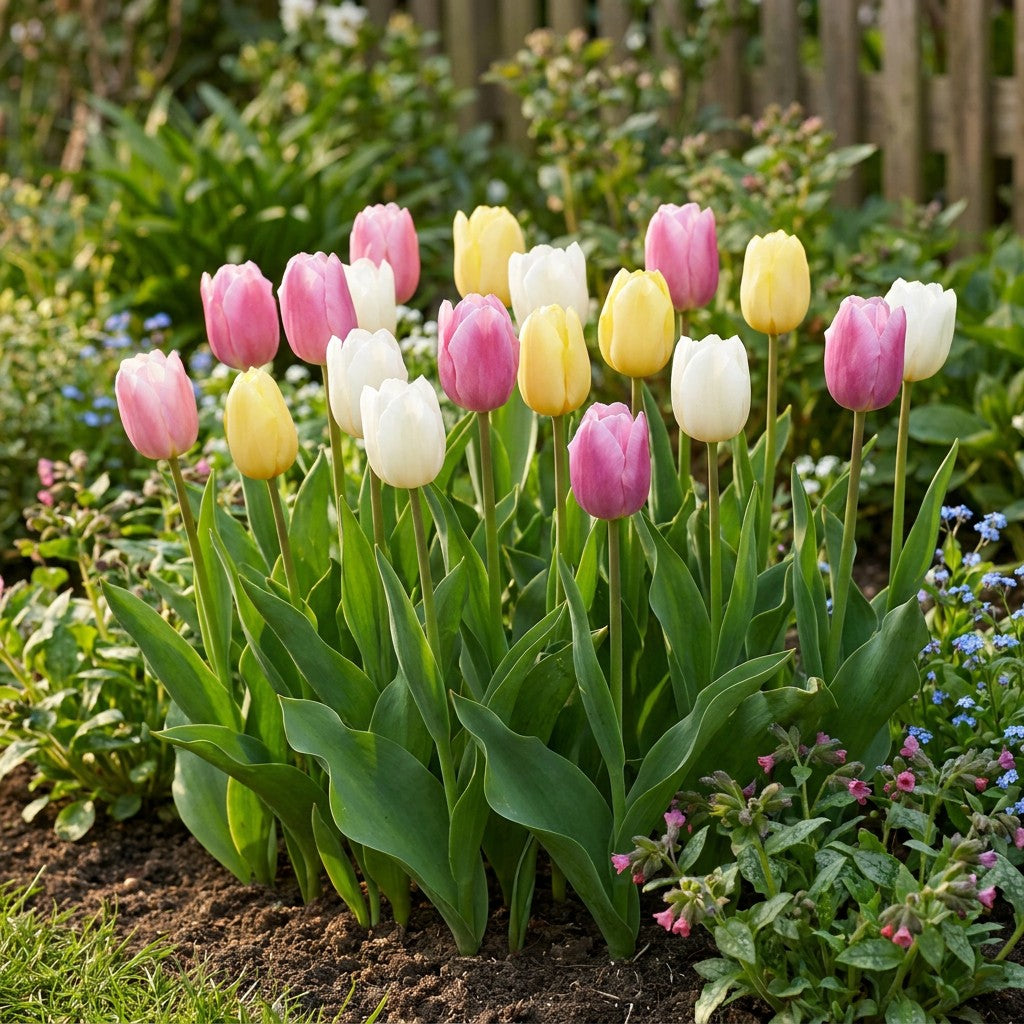 Border met tulpen sorbet mix in bloei