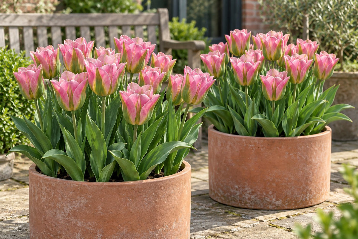 Tulpen Striped Crown in bloei in potten op een terras
