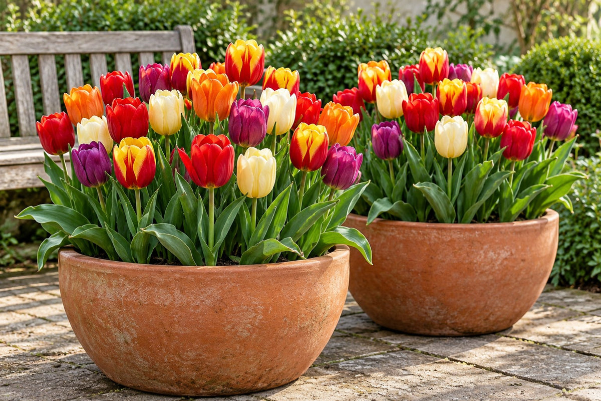 Tulpen Triomf mix in bloei in potten op een terras