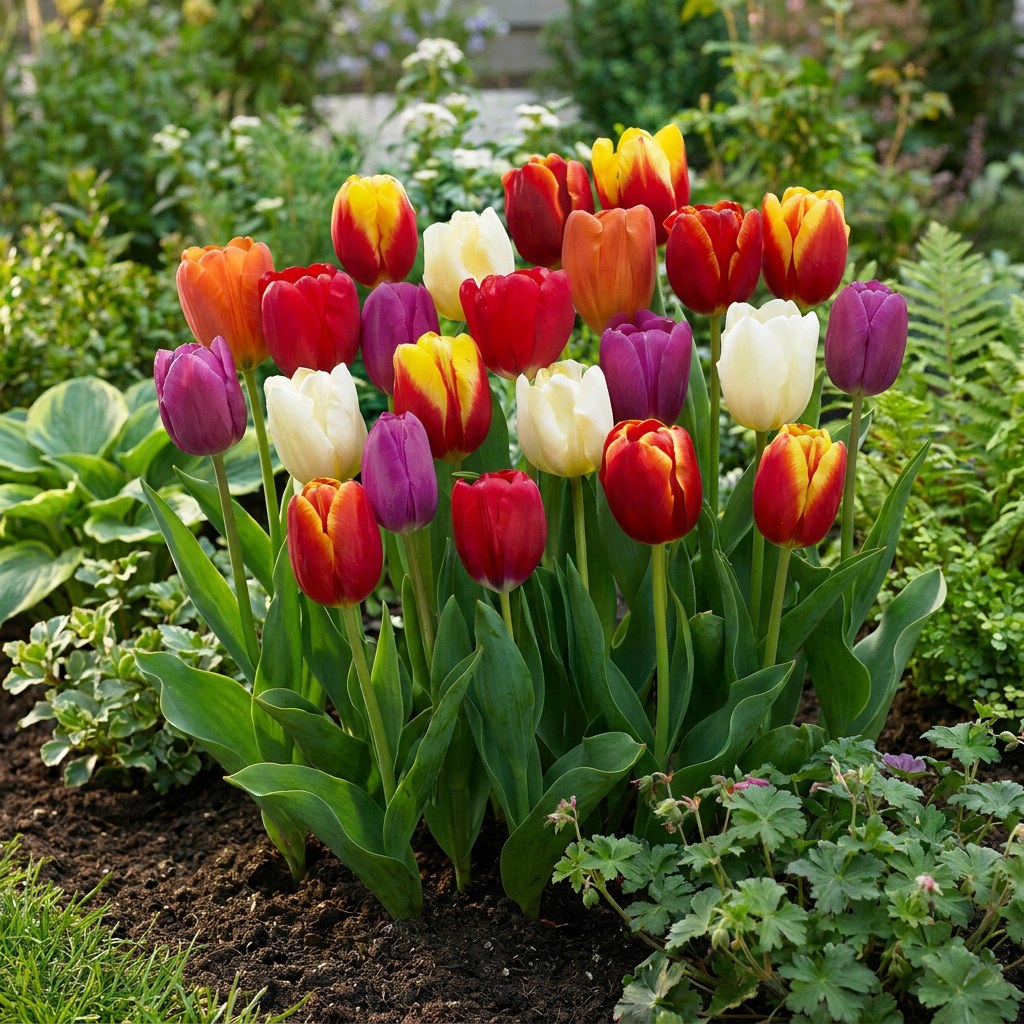 Tulpen Triomf mix in bloei in de tuin