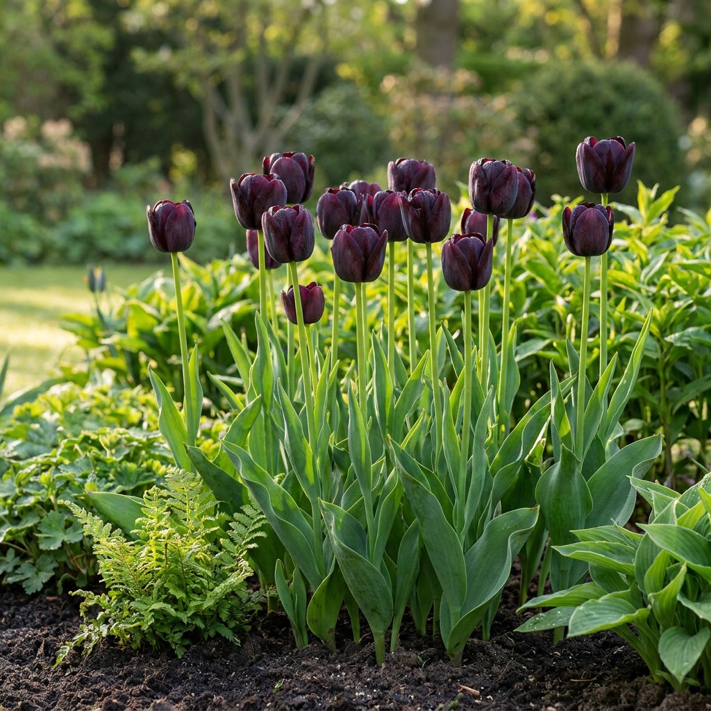 Tulip bulbs Triumph Black in flower in the garden