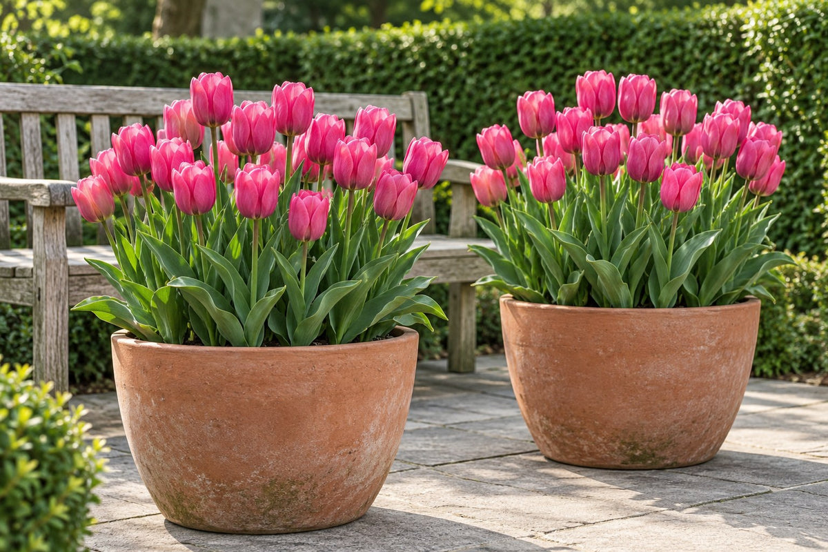 Tulpen Triumph Pink in bloei in potten op een terras