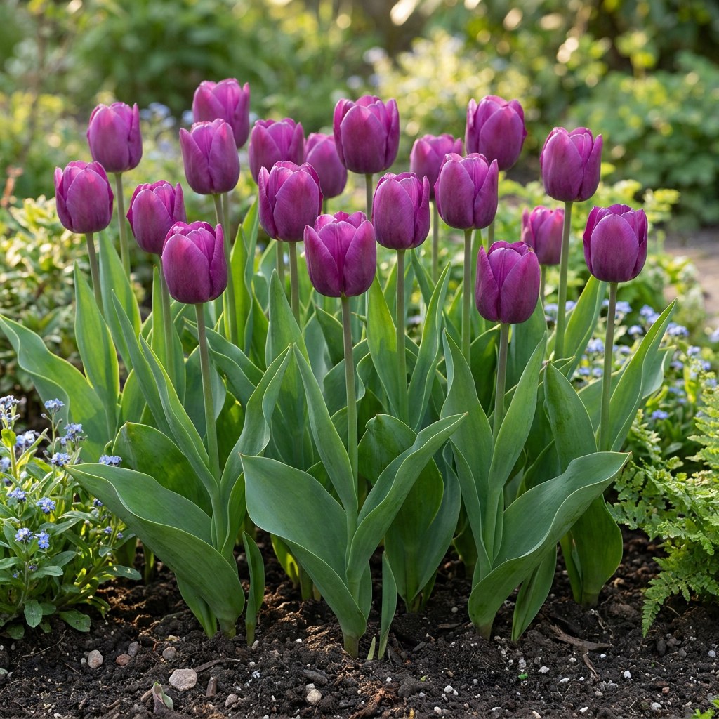 Tulip bulbs Triumph Purple in flower in the garden