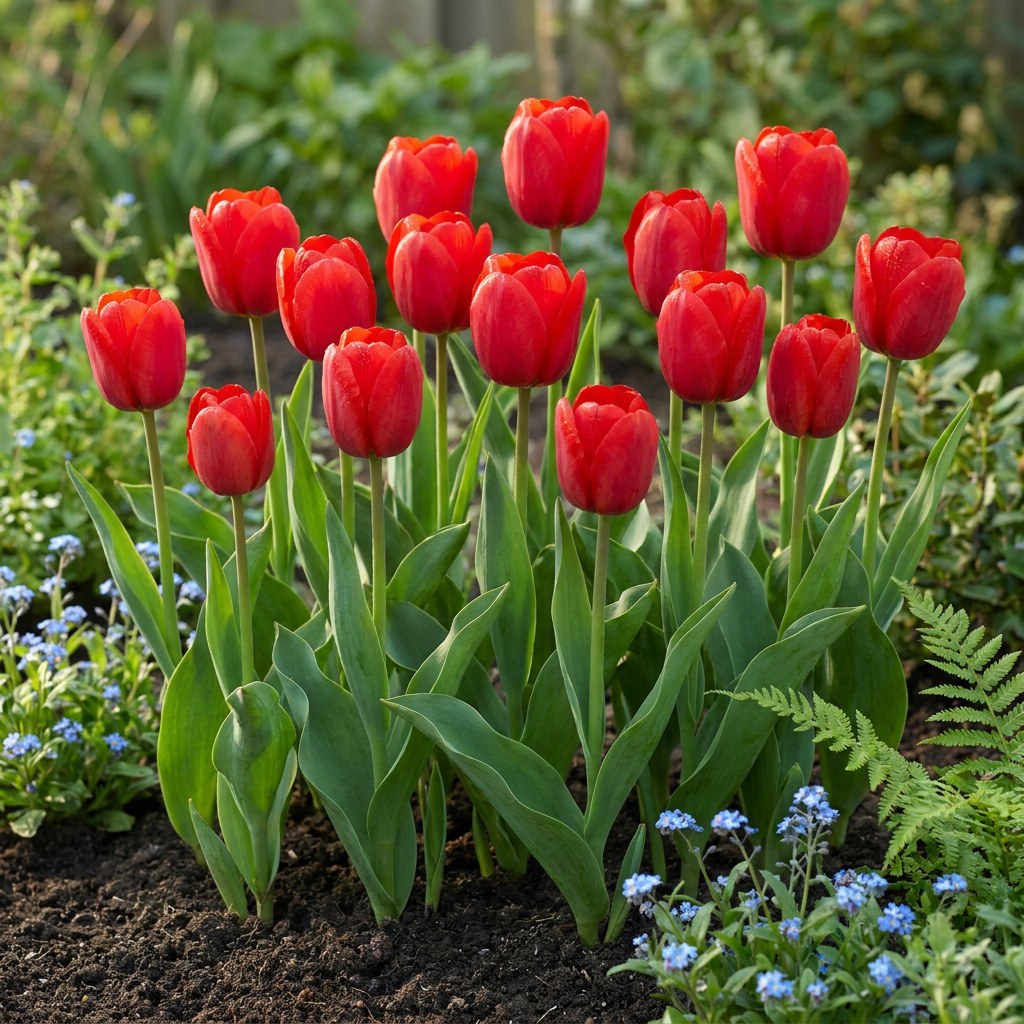 Tulip Bulbs Triumph Red in flower in the garden