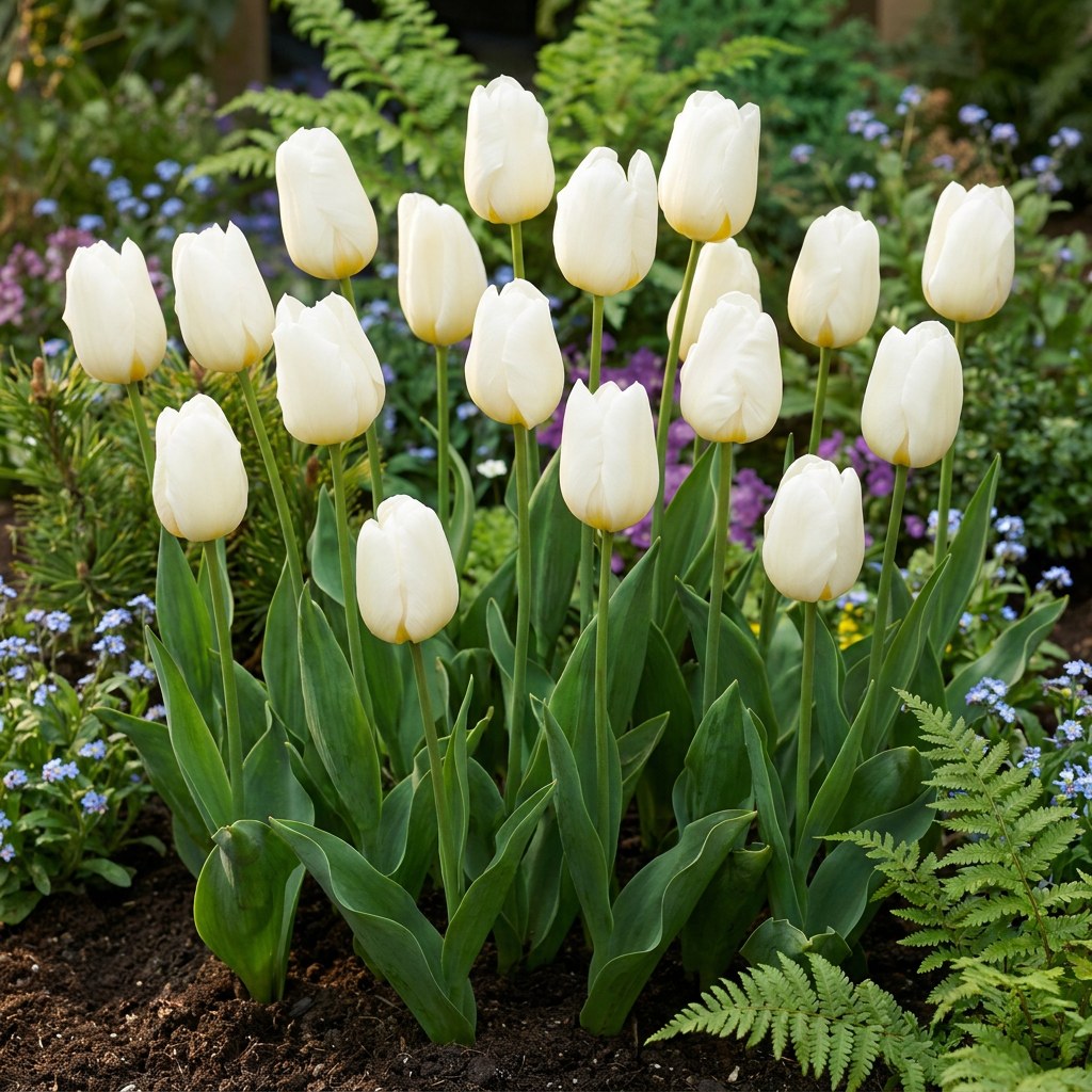 Tulip Bulbs Triumph White in flower in the garden