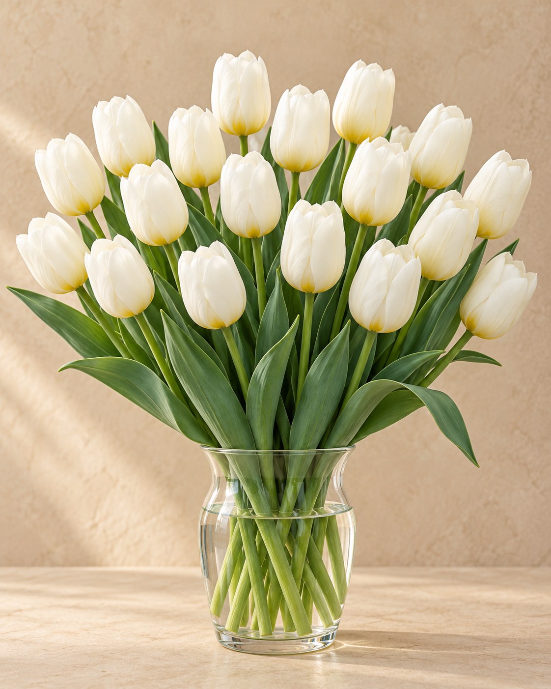 Tulpen Triumph White in bloei in een vaas